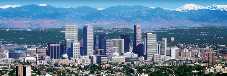 Denver, Colorado skyline with the Rocky Mountains