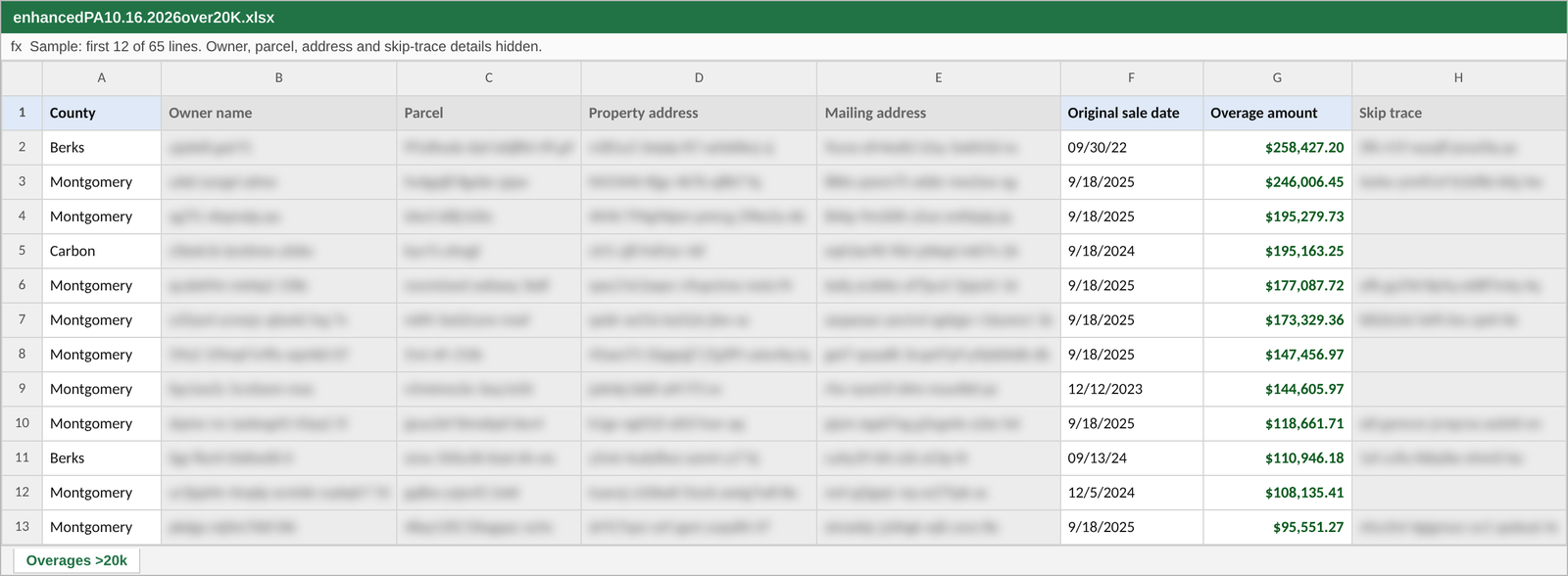 Sample of the Pennsylvania enhanced list: county, sale date and overage amount shown; owner, parcel, address and skip-trace columns blurred